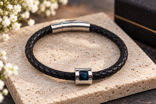 Mens My Beloved Black Braided Leather & Stainless Steel Bracelet