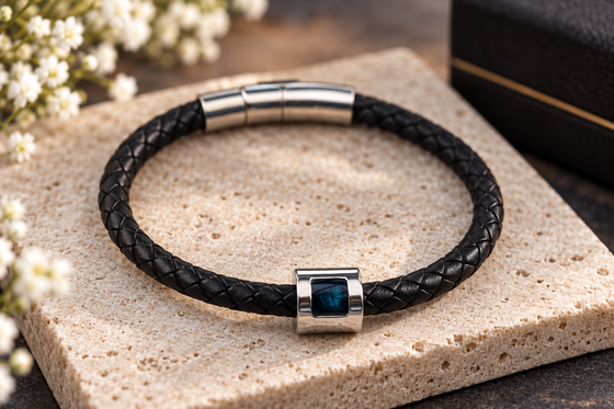 Mens My Beloved Black Braided Leather & Stainless Steel Bracelet