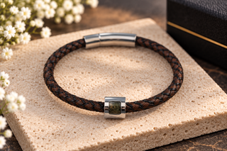 Mens My Beloved Brown Braided Leather & Stainless Steel Bracelet