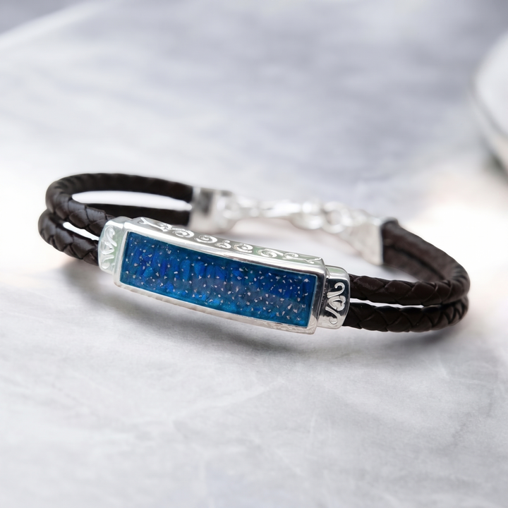 Mens Solid Silver Bracelet with leather strap handmade keepsake jewellery